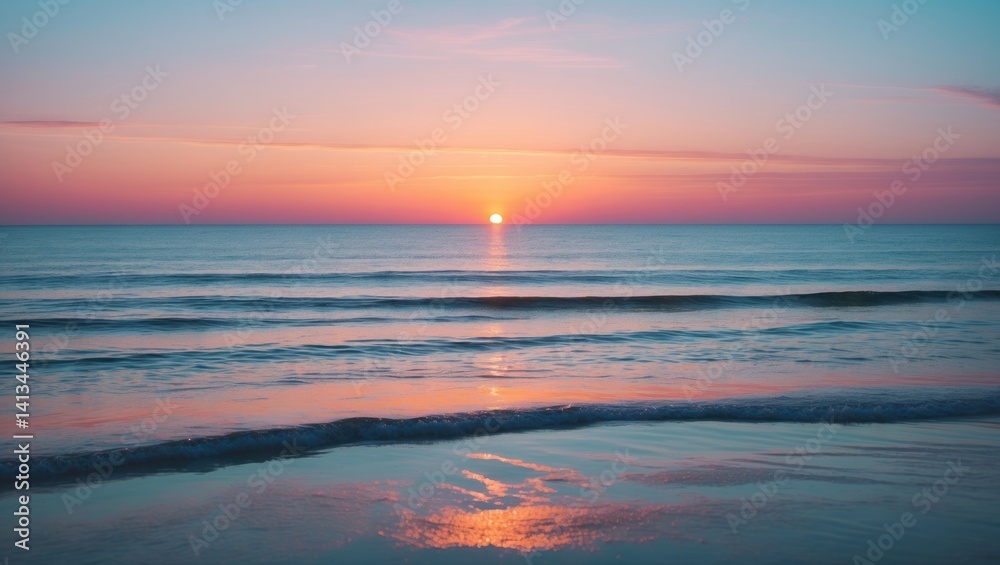 Fototapeta premium Sea beach at sunset. Sky and sun over the ocean. Water landscape at sunrise. Nature clouds on the horizon with waves at the coast. Beautiful orange dusk in the evening.