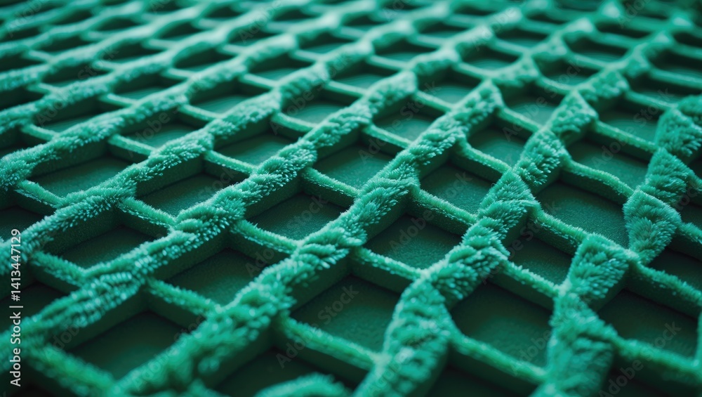 Fototapeta premium Textured dark green matte hard carpet with triangular shapes, seen in closeup, commonly used in places for ablution or wudhu.