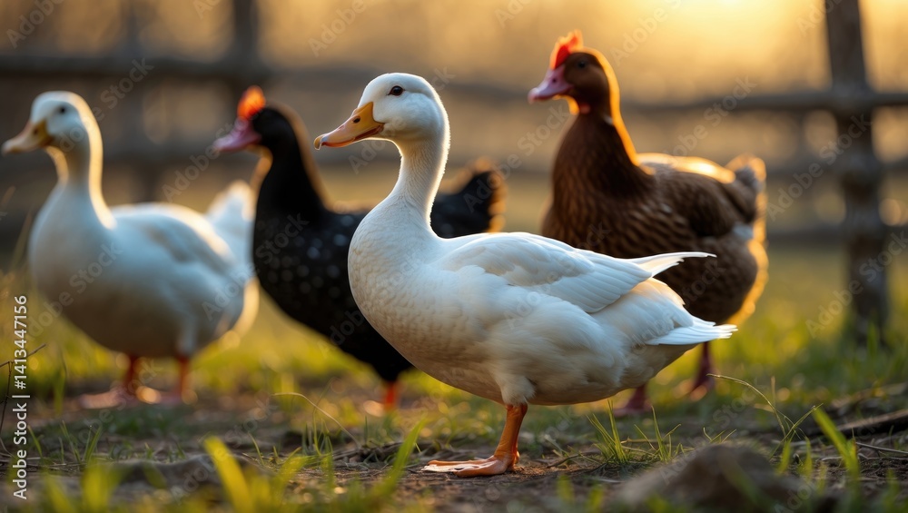 Obraz premium Ducks eat in a classic rural barnyard. Close-up of a duck's head. Waterbird up close in the barnyard. Concept of free-range poultry farming.