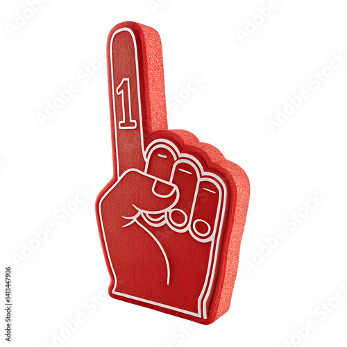 Red foam hand with white trim and number Isolated on a transparent background, PNG.