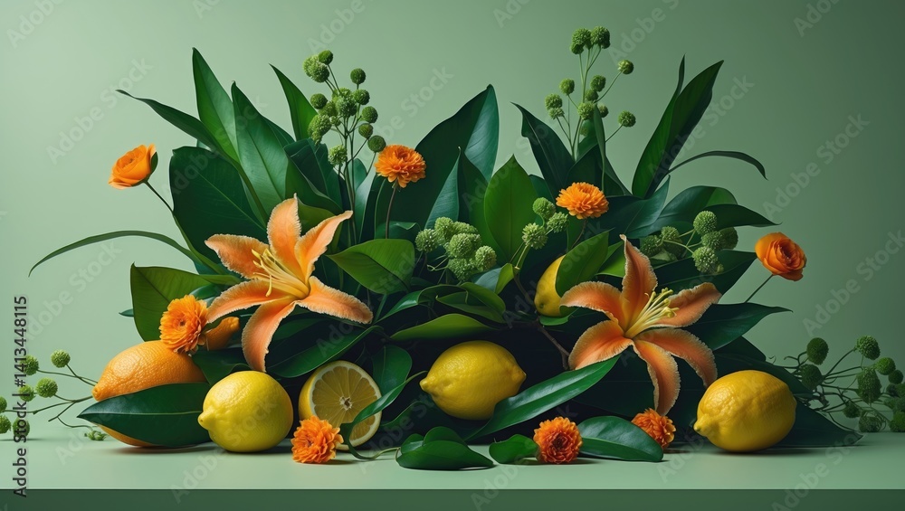 Bright collection of citrus fruits and rich foliage presented on a soft background within a contemporary space