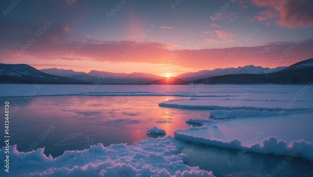 Lively sunset brightening a landscape with mountains behind.