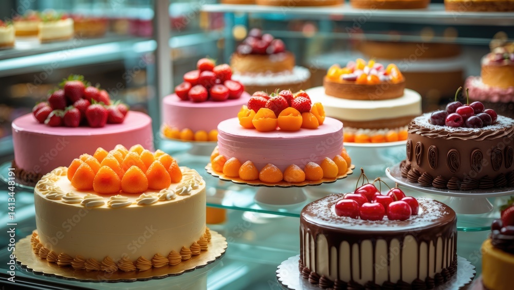 Assorted cakes for sale in a pastry shop featuring a space for text