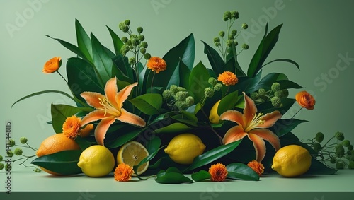 Obraz na płótnie Bright collection of citrus fruits and rich foliage presented on a soft background within a contemporary space w salonie