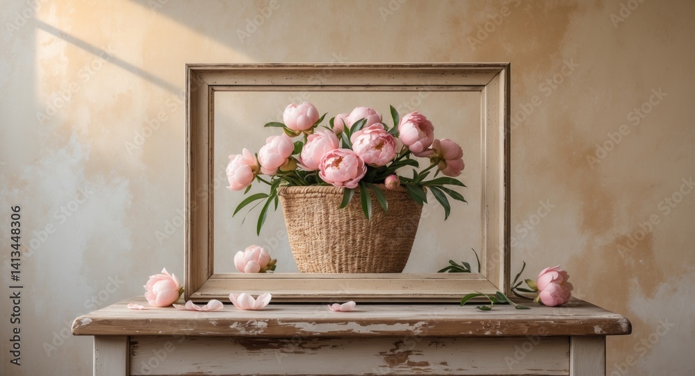 Beige wooden picture frame mockup with no content. Artistic composition on a table showcasing pink peonies in a straw basket. Blank area, rustic style.