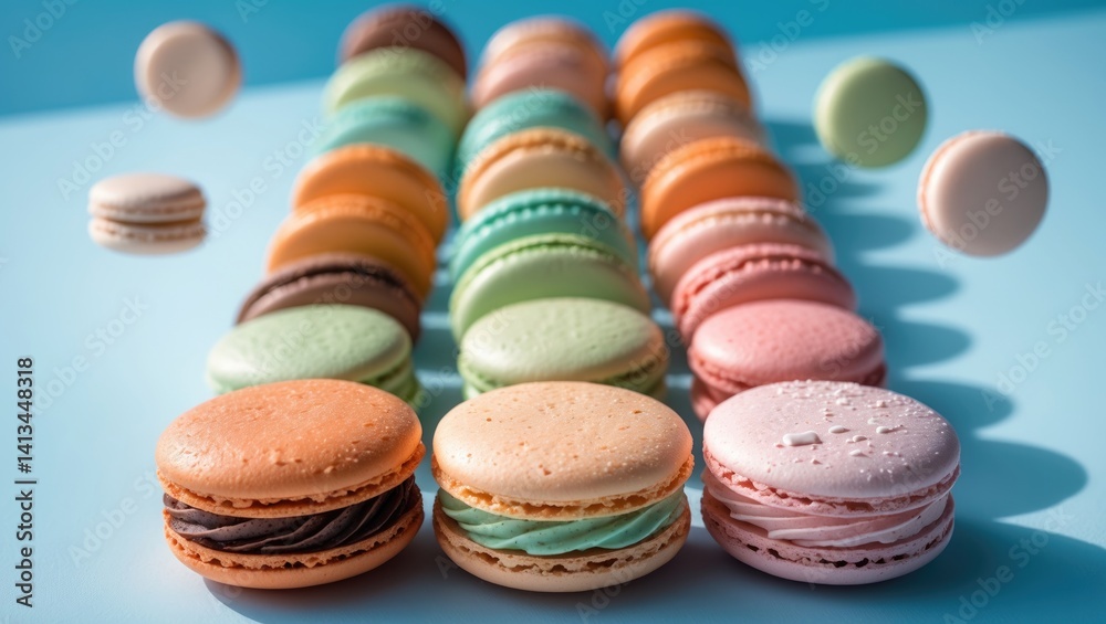 Pastel colored vintage macaroons or macarons in motion against a light blue backdrop.