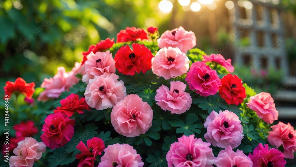 Lively pink and red geraniums blossoming in a garden drenched in bright sunlight, highlighting vibrant green leaves.