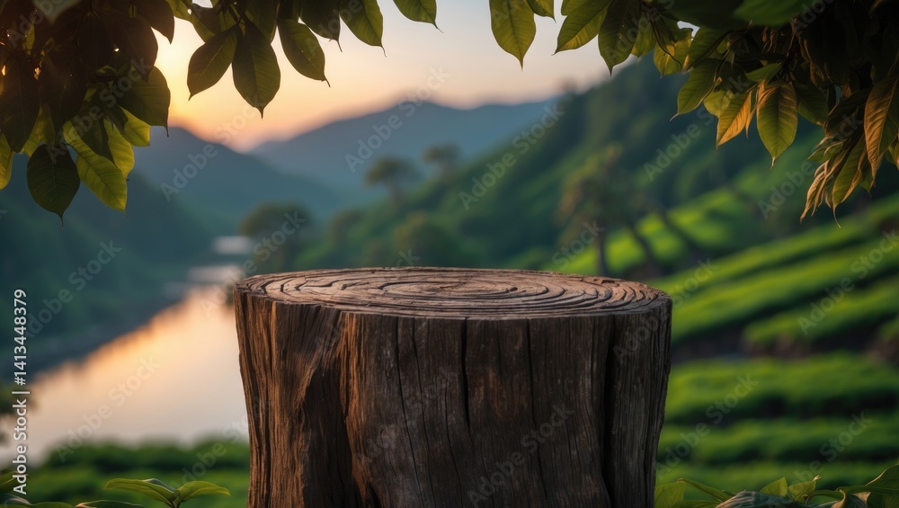 A vacant wooden table or old wood stump with a hazy tea plantation on a hill against the evening sky with leaves framing the scene