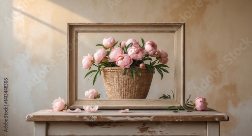 Obraz na płótnie Beige wooden picture frame mockup with no content. Artistic composition on a table showcasing pink peonies in a straw basket. Blank area, rustic style. w salonie