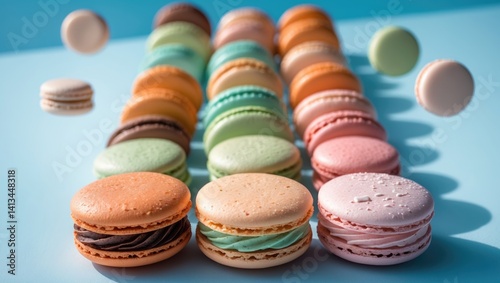 Pastel colored vintage macaroons or macarons in motion against a light blue backdrop.