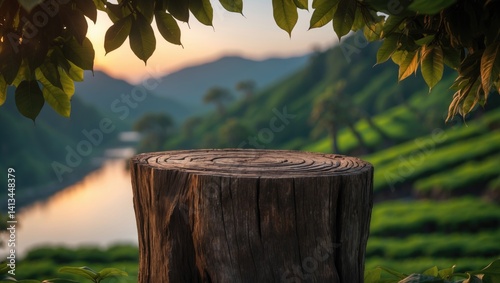 Obraz na płótnie A vacant wooden table or old wood stump with a hazy tea plantation on a hill against the evening sky with leaves framing the scene w salonie