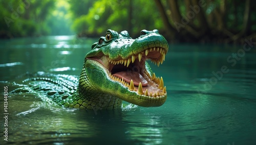 Open-jawed saltwater crocodile