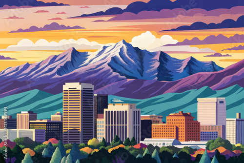 Wasatch Range Utah with Salt Lake City at sunset time, Simple cartoon design Flat style vector illustration