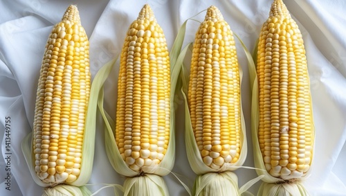 Threefold Harvest. Three Lush Ears of Corn Rest on a Pure White Surface, Emitting Freshness and the Promise of a Banquet, Celebrating the Core of Rustic Plenty and Wholesome Pleasures.