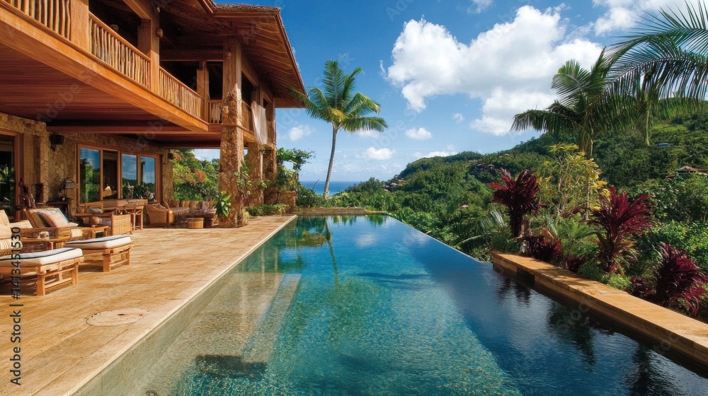 Fototapeta premium Tropical resort-style villa exterior with open-air spaces, lush landscaping, and infinity pool vistas. 