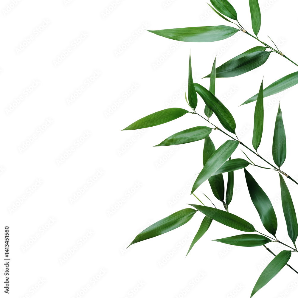 Fototapeta premium Elegant green bamboo leaves arranged on a clean transparent background for a fresh and calming aesthetic, Green bamboo leaves on transparent background