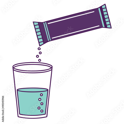 Powder Pouring from Sachet into Glass of Water for Drink Mix.
