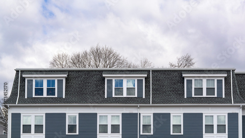 Tableau sur toile Elegant blue-gray residential building with mansard roof and dormer windows in B