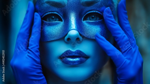 Mysterious female in blue mask with gloves in dramatic lighting