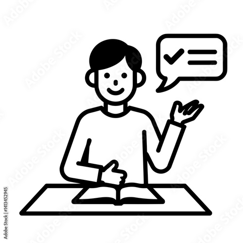 Minimalist student reading book with checkmark in speech bubble representing learning understanding or study goal - concept of education knowledge productivity self-study