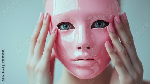 Woman holding shiny pink mask with blue eyes and manicured nails