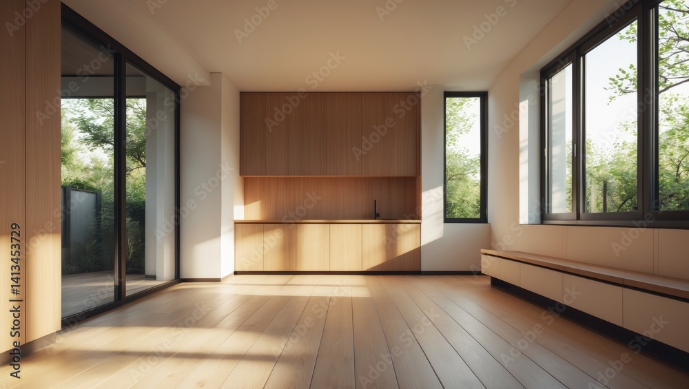 Fototapeta premium Current living space showcasing wooden cabinets built into the design