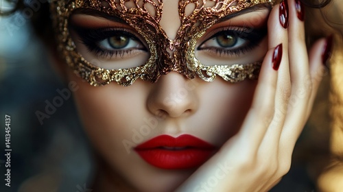 Enigmatic female wearing ornate gold mask with red lips