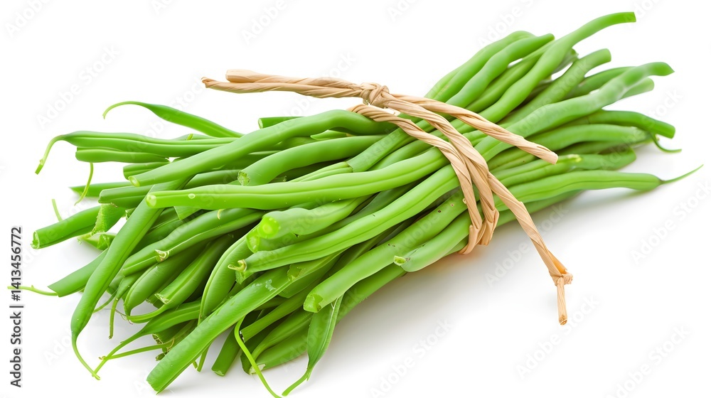 A fresh bunch of vibrant green beans tied together with twine. Healthy and crisp vegetables. A fresh bunch of vibrant green beans tied together with twine. Healthy and crisp vegetables.