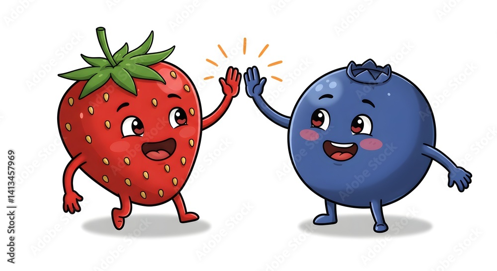 Fototapeta premium Cartoon Strawberry and Blueberry High-Fiving with Smiles