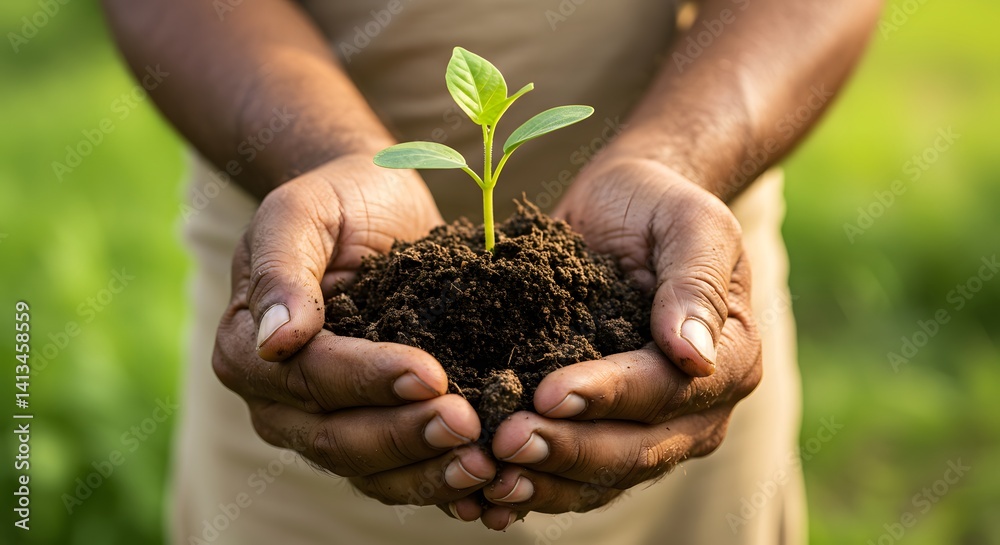 Fototapeta premium Hands Holding Soil with Growing Plant Seedling