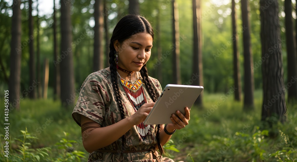 Indigenous Woman Using Tablet in Lush Forest Environment Indigenous Woman Using Tablet in Lush Forest Environment