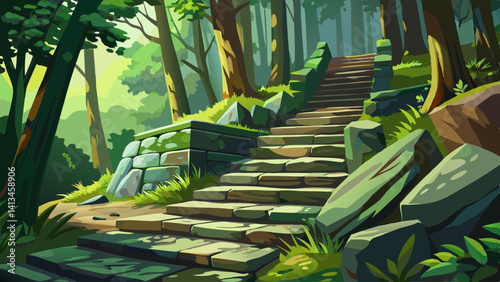 Worn stone stairs winding through a dense green forest, bathed in dappled sunlight