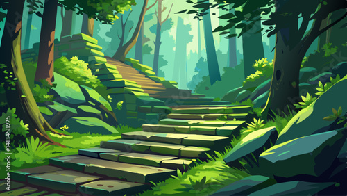 Worn stone stairs winding through a dense green forest, bathed in dappled sunlight