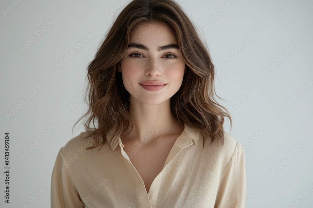 Young woman with wavy brown hair wearing a beige shirt smiles. Young woman with wavy brown hair wearing a beige shirt smiles.