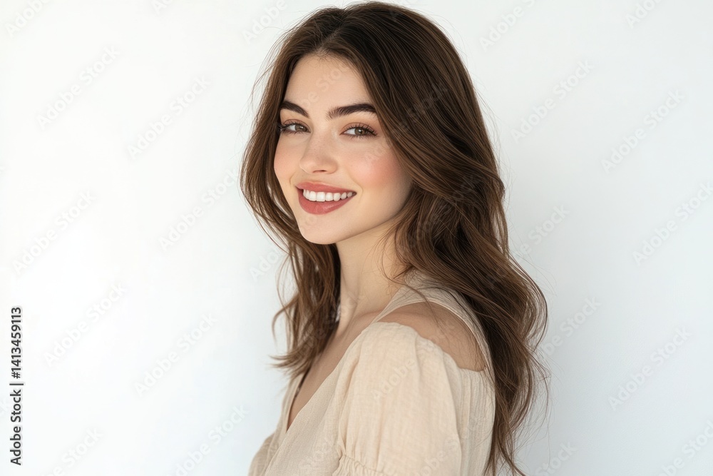 Woman with long wavy brown hair smiling against a white background. Woman with long wavy brown hair smiling against a white background.