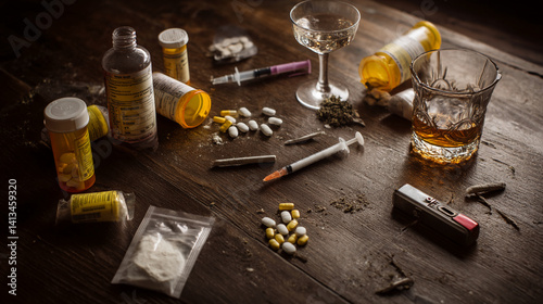 Scattered pills, syringes, alcohol, and drug paraphernalia on a dark wooden surface, depicting the harsh reality of substance abuse and its devastating consequences