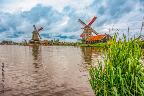 Zaanse Schans, Netherlands. iconic Dutch tourist village which features six functioning windmills.