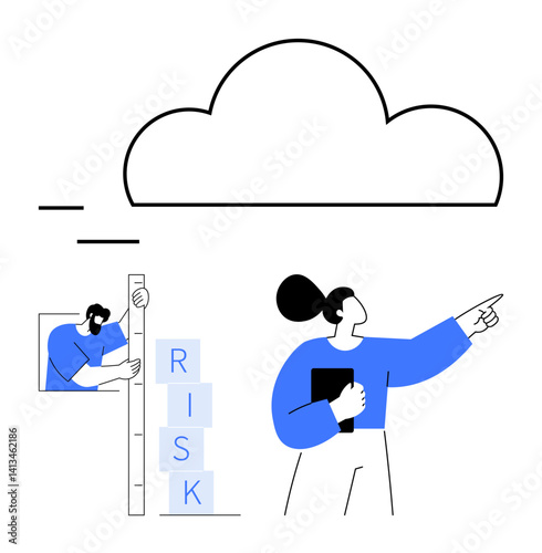 Woman pointing, builder measuring risk blocks, large cloud above. Ideal for innovation, business strategy, cloud computing, risk management, data security, teamwork simple landing page