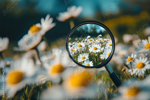 The image of a chamomile flower is enlarged under a magnifying glass, with a flower meadow in the background