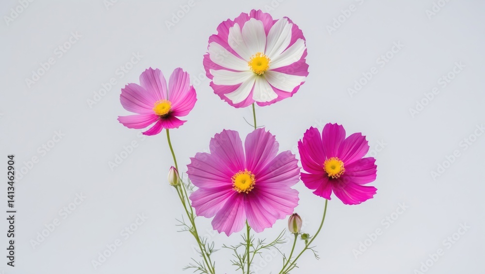 Studio Photograph of Isolated Magenta Cosmos Flowers on White Background. Extensive Depth of Field. Close-up. Studio Photograph of Isolated Magenta Cosmos Flowers on White Background. Extensive Depth of Field. Close-up.