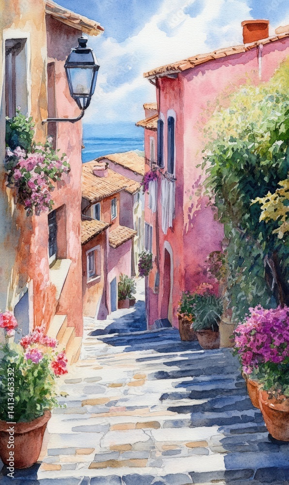 Naklejka premium Village sketch: street European charm, scenic composition, architectural detail, artistic vision, watercolor touch, rustic scenery, cobblestone road, delicate hues, timeless portrayal.