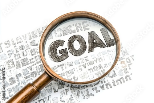 A magnifying glass is used to examine a word cloud representing business goals
