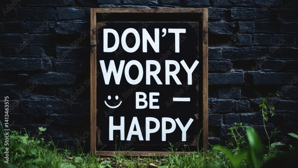 Fototapeta premium Sign saying don't worry be happy on a dark wall in the garden