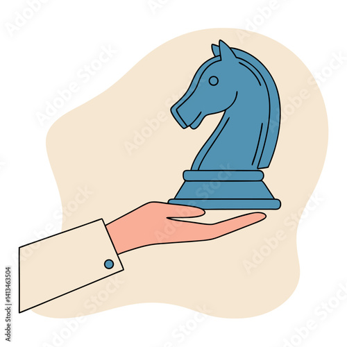 Hand Moving Blue Chess Knight Piece: Strategic Move in the Game.