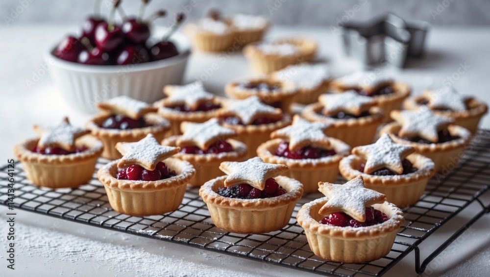 Tiny fruit tarts featuring cheerful star tops and coated in icing sugar. Tiny fruit tarts featuring cheerful star tops and coated in icing sugar.