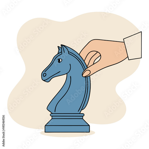Hand Moving Blue Chess Knight Piece: Strategic Move in the Game.
