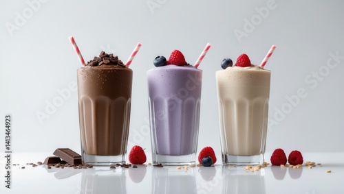 Assortment of glasses filled with delightful protein shakes against a white background