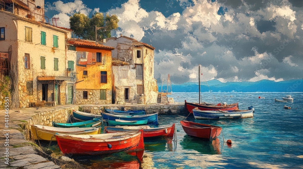 Obraz premium A small fishing village by the sea, colorful boats docked along the shore --ar 16:9 --v 6.1 Job ID: 344e44f3-482f-4a8e-ab38-bd590c78c33f