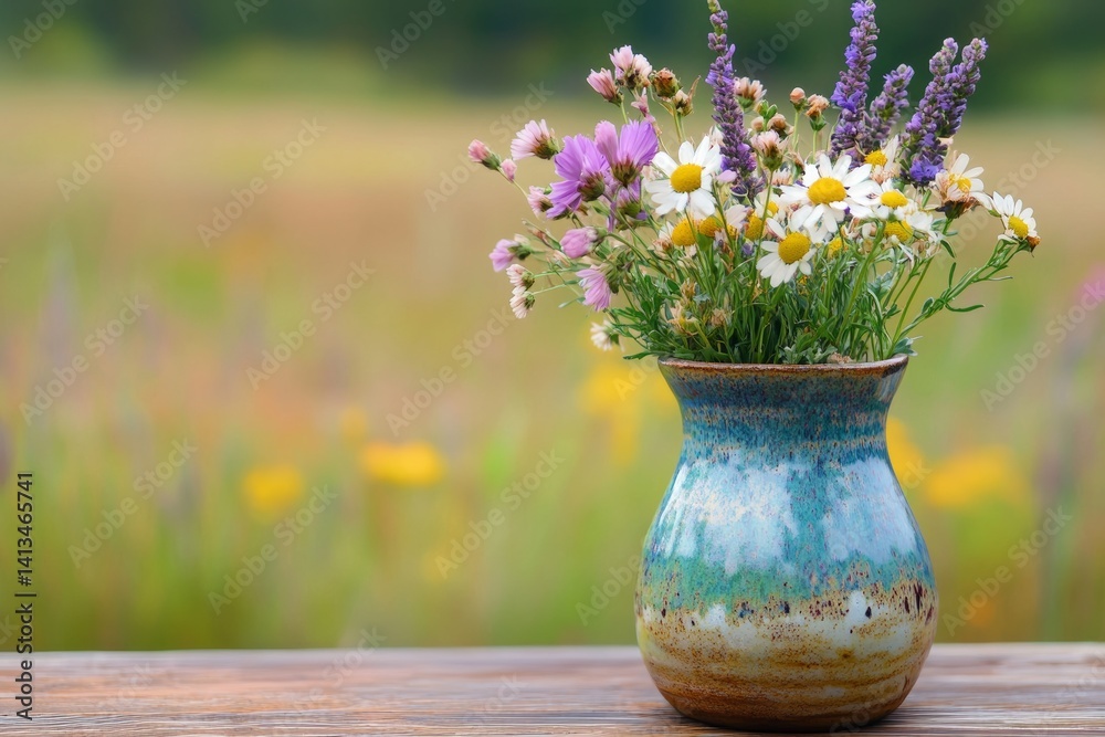 custom made wallpaper toronto digitalColorful wildflowers in rustic ceramic vase on wooden table