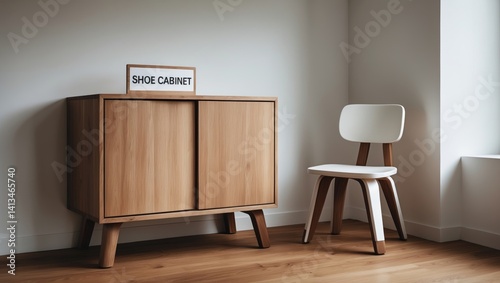 Wooden shoe cabinet and chair with white walls. photo